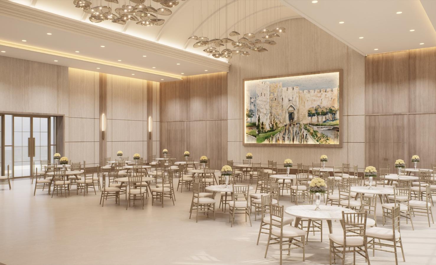 Rendering of the main ballroom arranged for a celebration