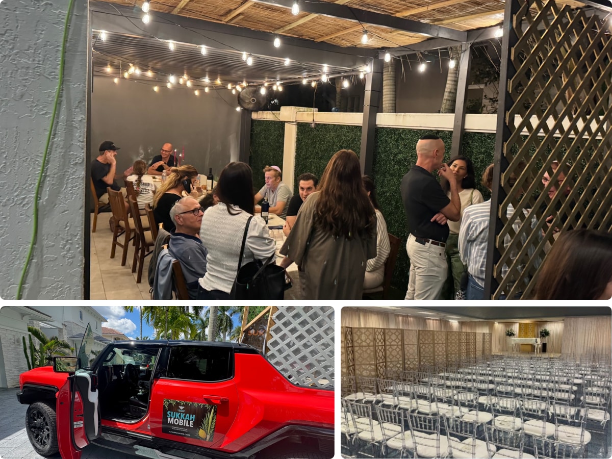 Friends at our Sukkah Hop, our mobile sukkah, and the sanctuary prepared for the High Holidays