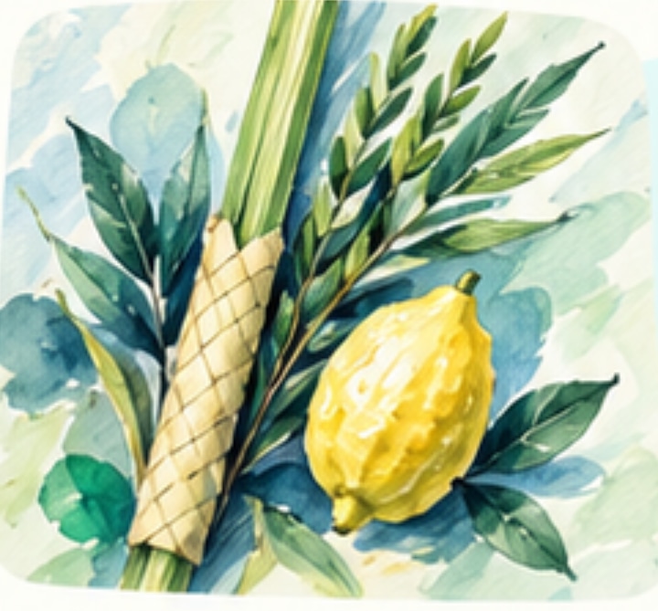 Watercolor illustration of a lulav and etrog