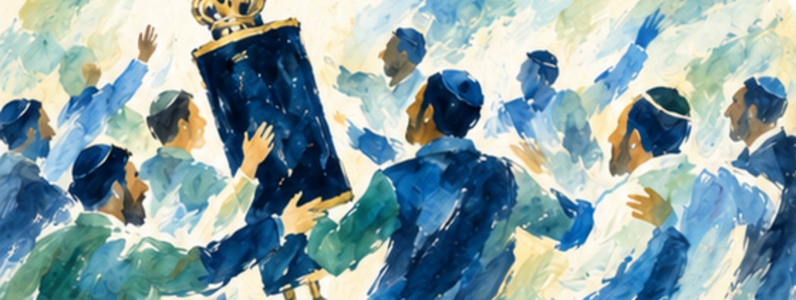 Abstract watercolor illustration of joyful dancing with a Torah