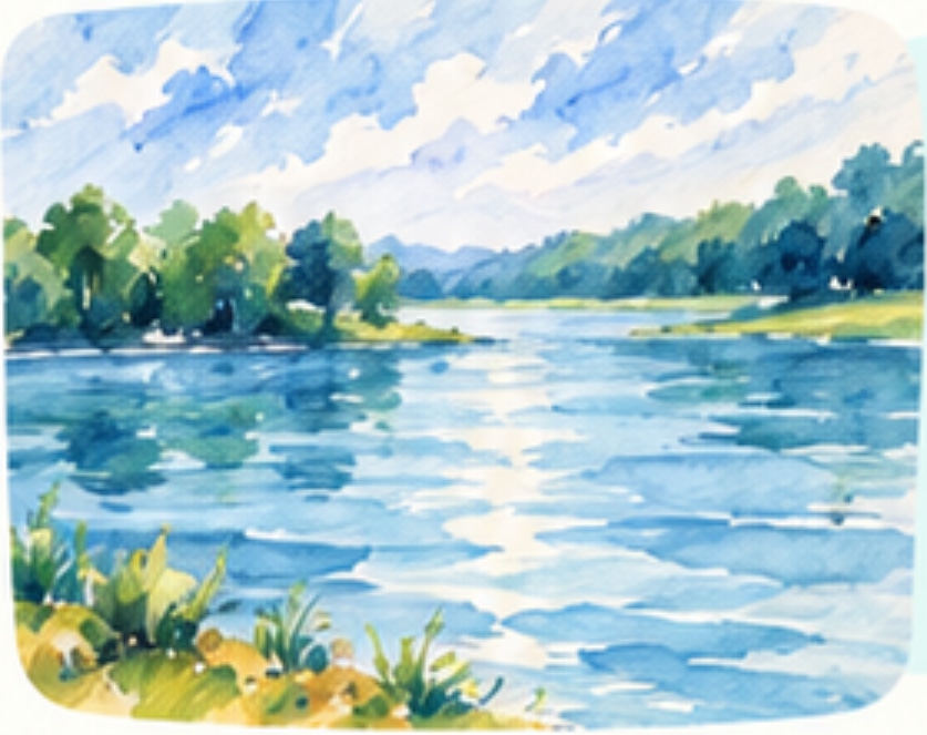 Watercolor illustration of a peaceful lake